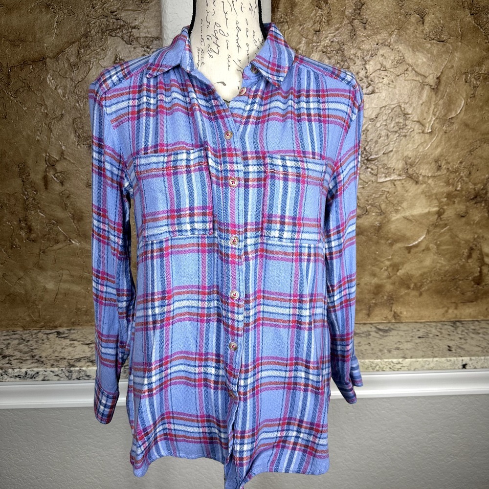 Pilcro Wool Blend Flannel Shirt‎ Women's Small Blue Plaid Western Rodeo Anthro